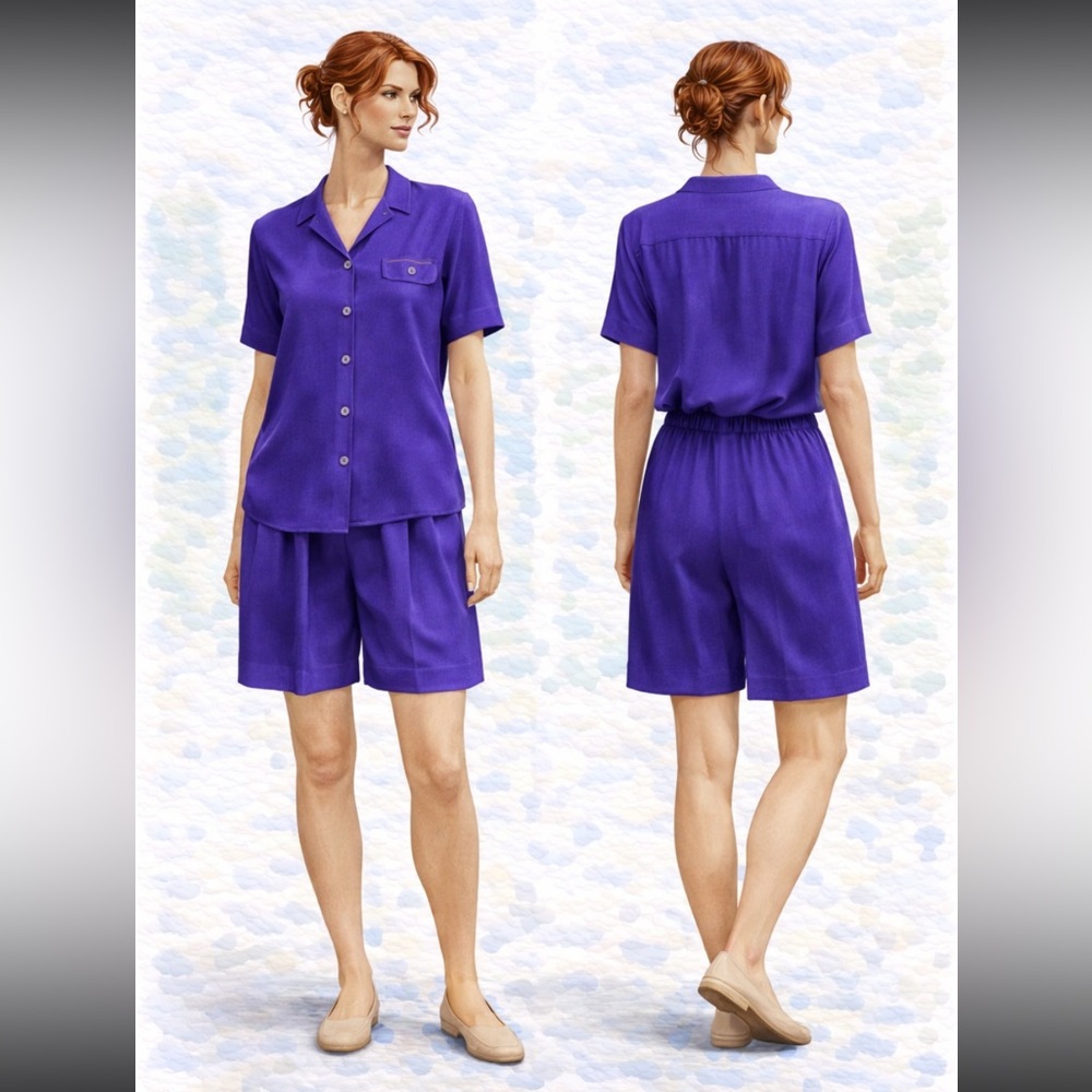 Vintage SK & Company Purple Rayon Shorts Set Pleated High Waist Matching Set 12